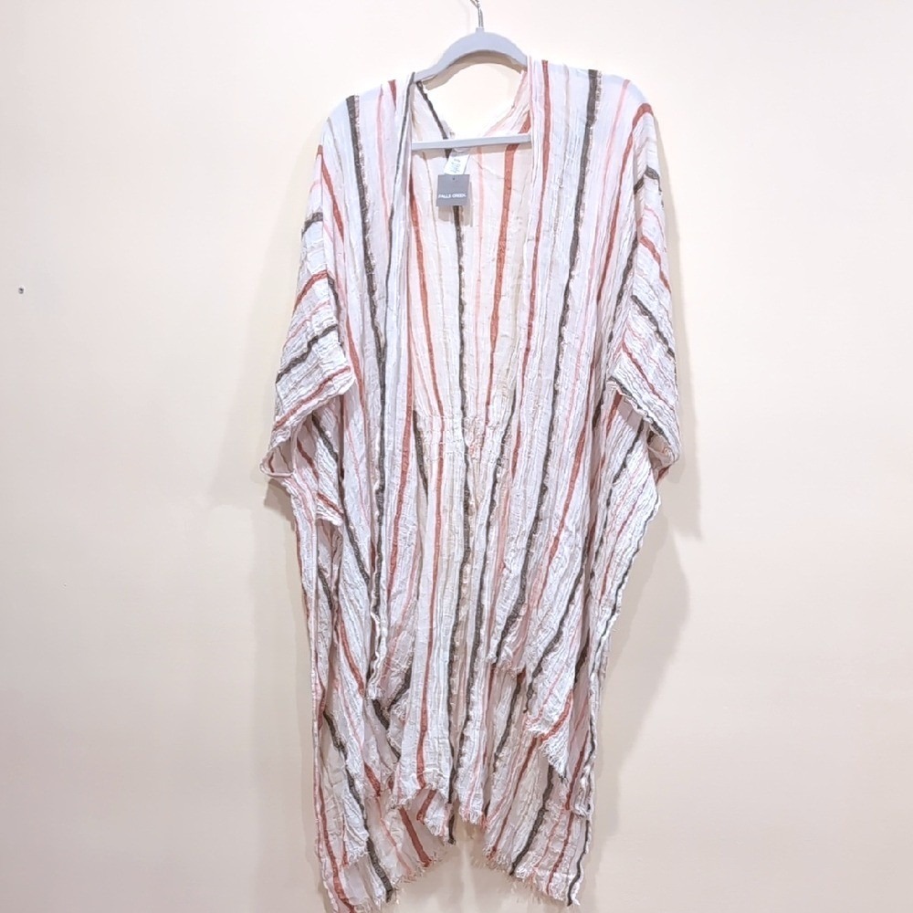 Falls Creek Women Striped Ruana Wrap Kimono Terracotta Brown Cream OSFM
